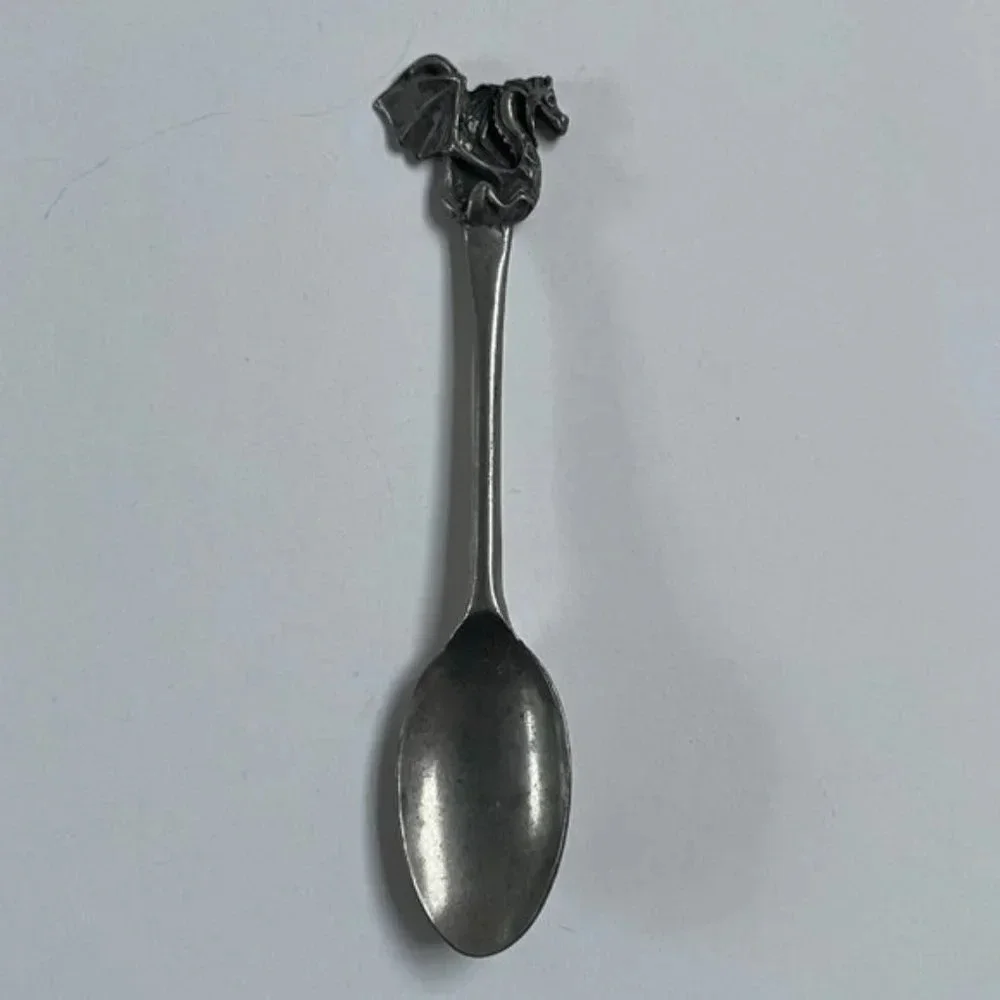 Pewter Baby Spoon‎ Set of 2 Silver Dragon Handle Home Decor Kitchen Dining